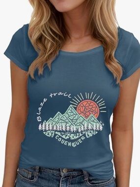 Chic Nation Blue Graphic Tee with Mountain & Sun